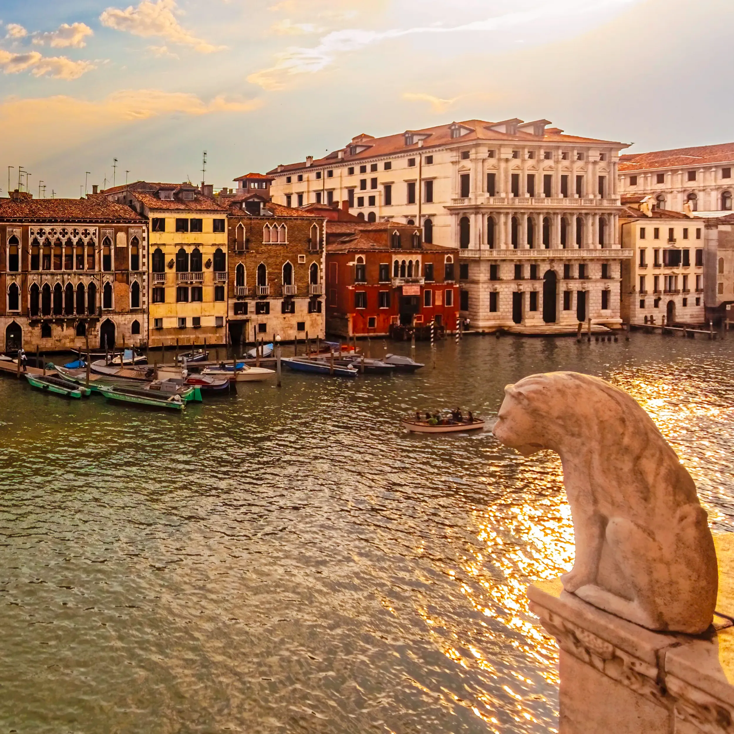 Vue au coucher du soleil sur le Grand Canal de Venise, avec au premier plan une statue de lion en pierre semblant surveiller les eaux dorées. En face, les façades vénitiennes ocre, rouge et ivoire se reflètent dans les vaguelettes paisibles, tandis que de petites embarcations glissent sur l’eau. L’atmosphère évoque la sérénité et la splendeur ancienne de la cité des Doges.